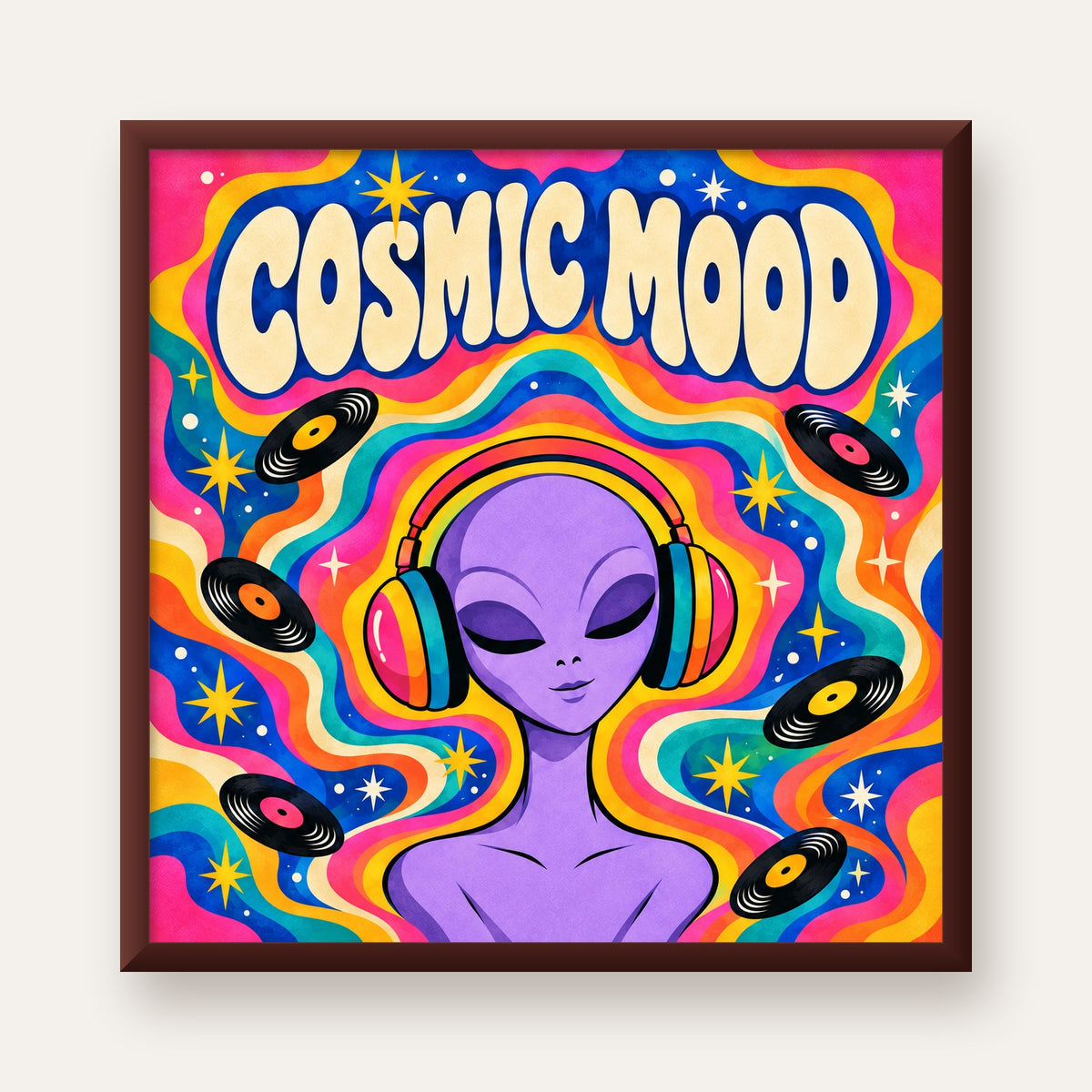 Cosmic Mood: Uzaylı ve Müzik Temalı Renkli Retro Poster — ceviz çerçeveli