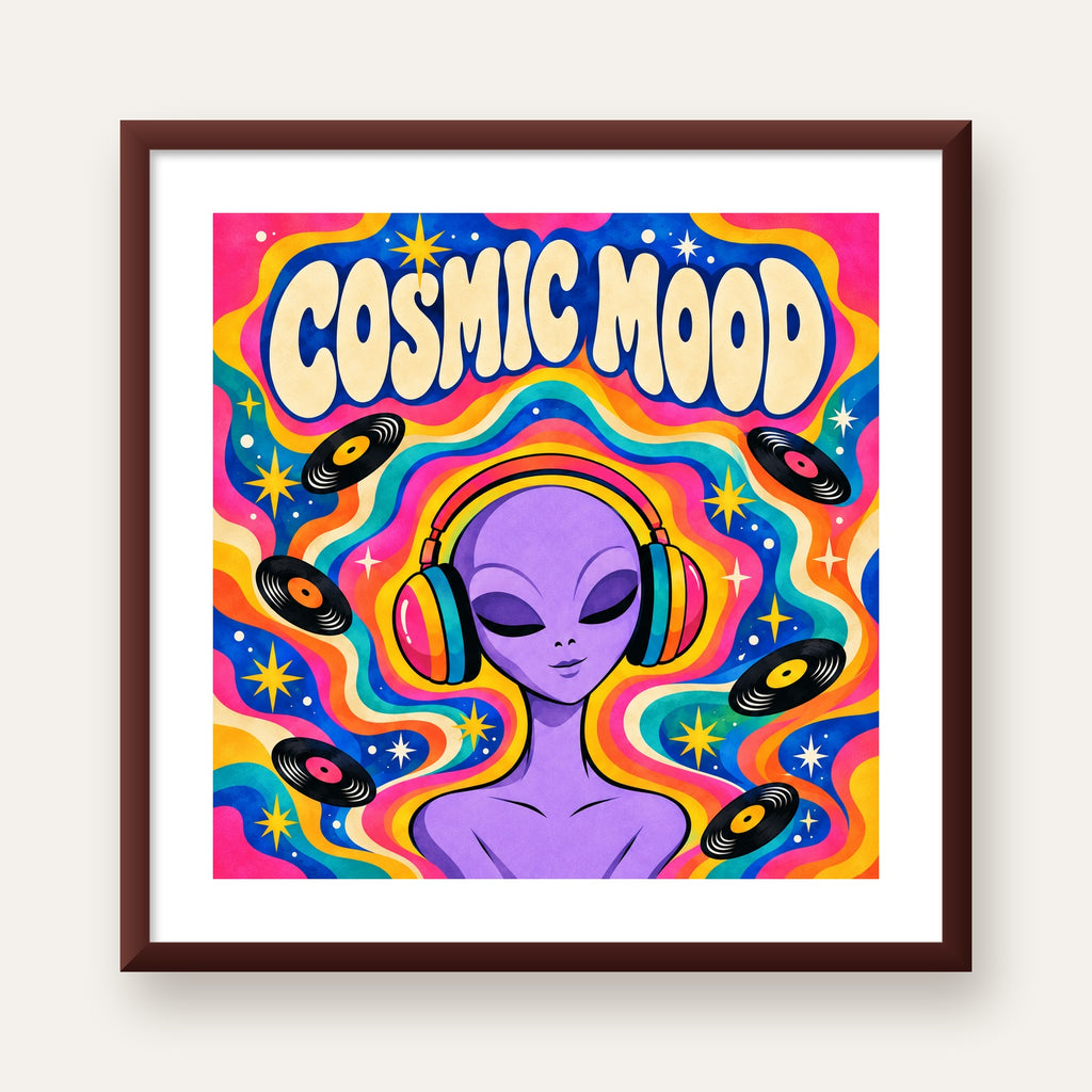 Cosmic Mood: Uzaylı ve Müzik Temalı Renkli Retro Poster — ceviz çerçeveli paspartulu