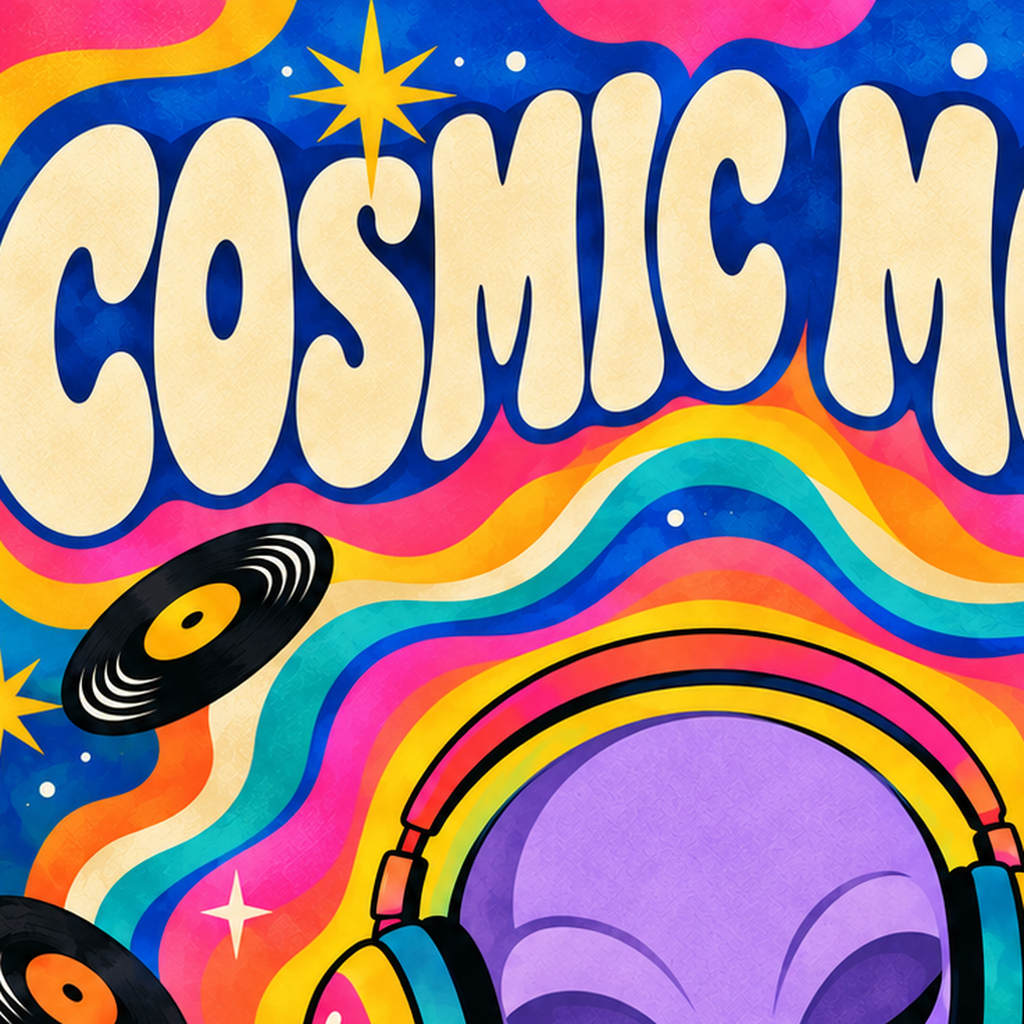 Cosmic Mood: Uzaylı ve Müzik Temalı Renkli Retro Poster — baskının yakın çekimi, kâğıt dokusu ve renk detayı