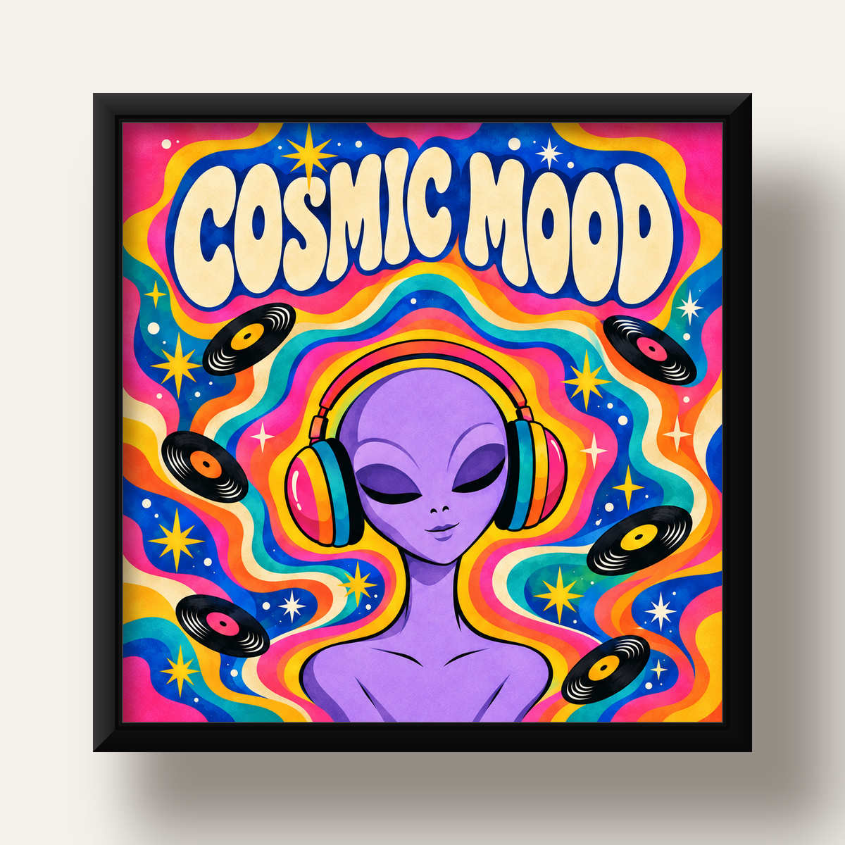 Cosmic Mood: Uzaylı ve Müzik Temalı Renkli Retro Poster — siyah derin çerçeveli