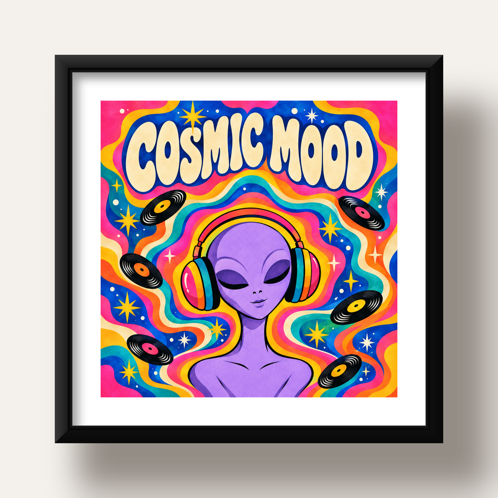 Cosmic Mood: Uzaylı ve Müzik Temalı Renkli Retro Poster — siyah derin çerçeveli paspartulu