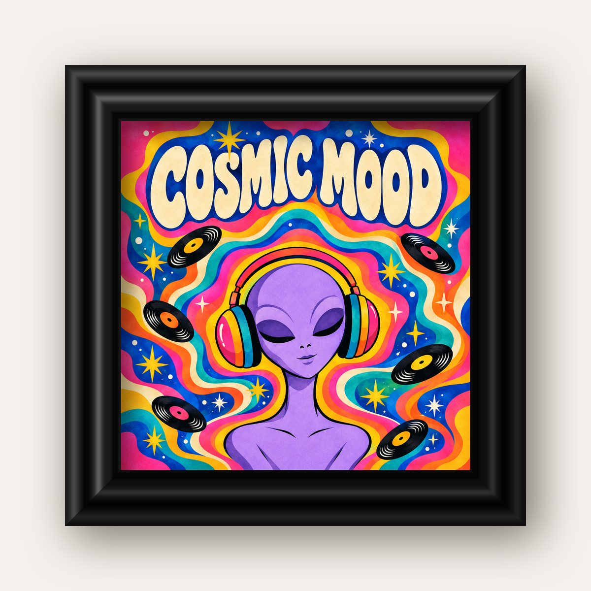 Cosmic Mood: Uzaylı ve Müzik Temalı Renkli Retro Poster — siyah galeri çerçeveli