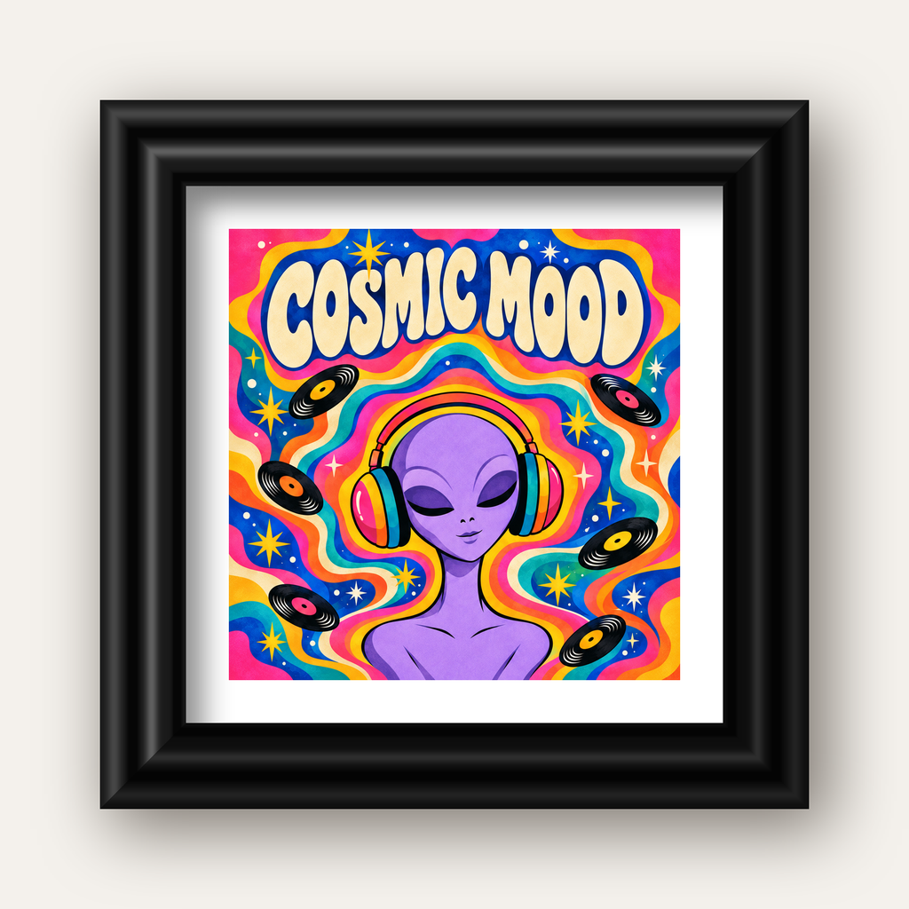 Cosmic Mood: Uzaylı ve Müzik Temalı Renkli Retro Poster — siyah galeri çerçeveli paspartulu