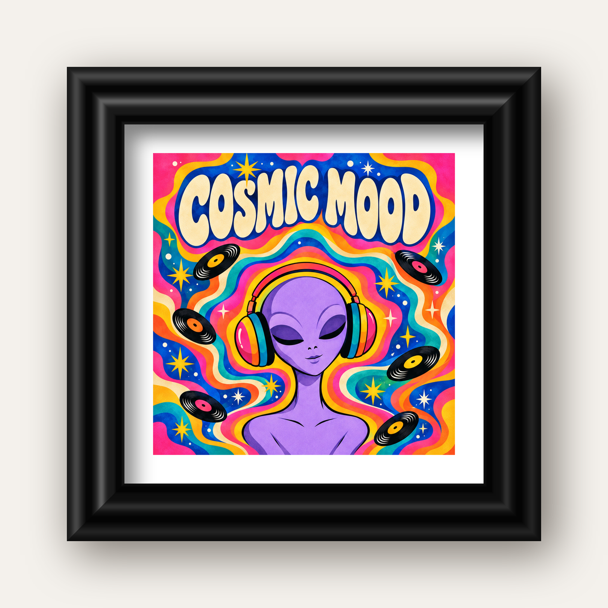 Cosmic Mood: Uzaylı ve Müzik Temalı Renkli Retro Poster — siyah galeri çerçeveli paspartulu