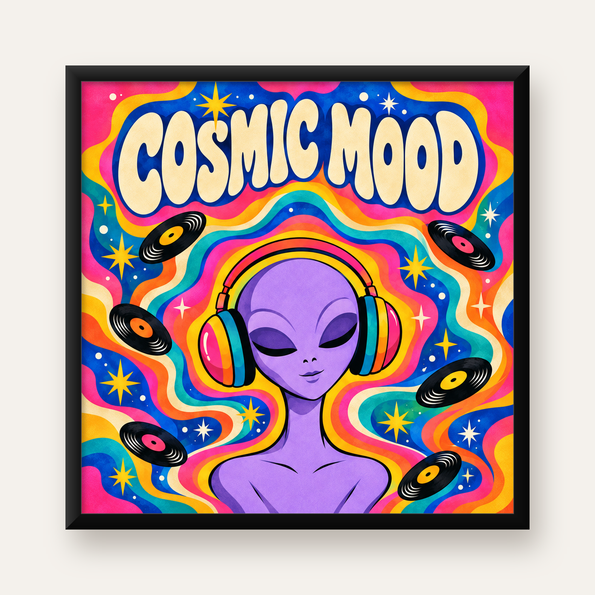 Cosmic Mood: Uzaylı ve Müzik Temalı Renkli Retro Poster — Kare baskı, düz siyah çerçeveli duvar posteri