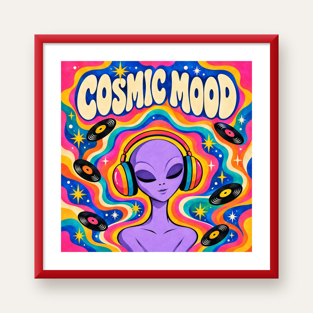 Cosmic Mood: Uzaylı ve Müzik Temalı Renkli Retro Poster — kırmızı çerçeveli paspartulu