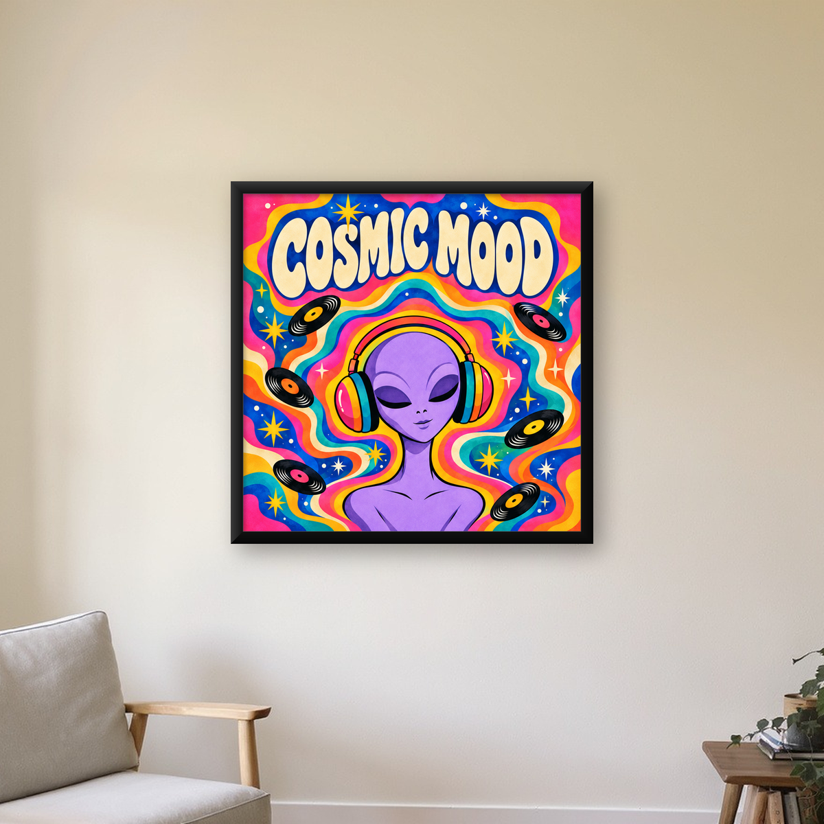 Cosmic Mood: Uzaylı ve Müzik Temalı Renkli Retro Poster — Kare baskı, çerçeveli hâliyle bir ev duvarında