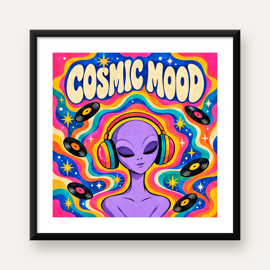Cosmic Mood: Uzaylı ve Müzik Temalı Renkli Retro Poster — Kare baskı, beyaz paspartulu