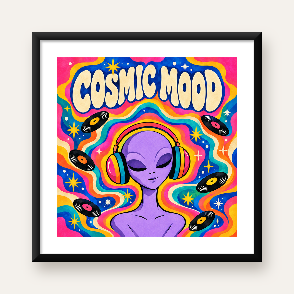 Cosmic Mood: Uzaylı ve Müzik Temalı Renkli Retro Poster — Kare baskı, beyaz paspartulu