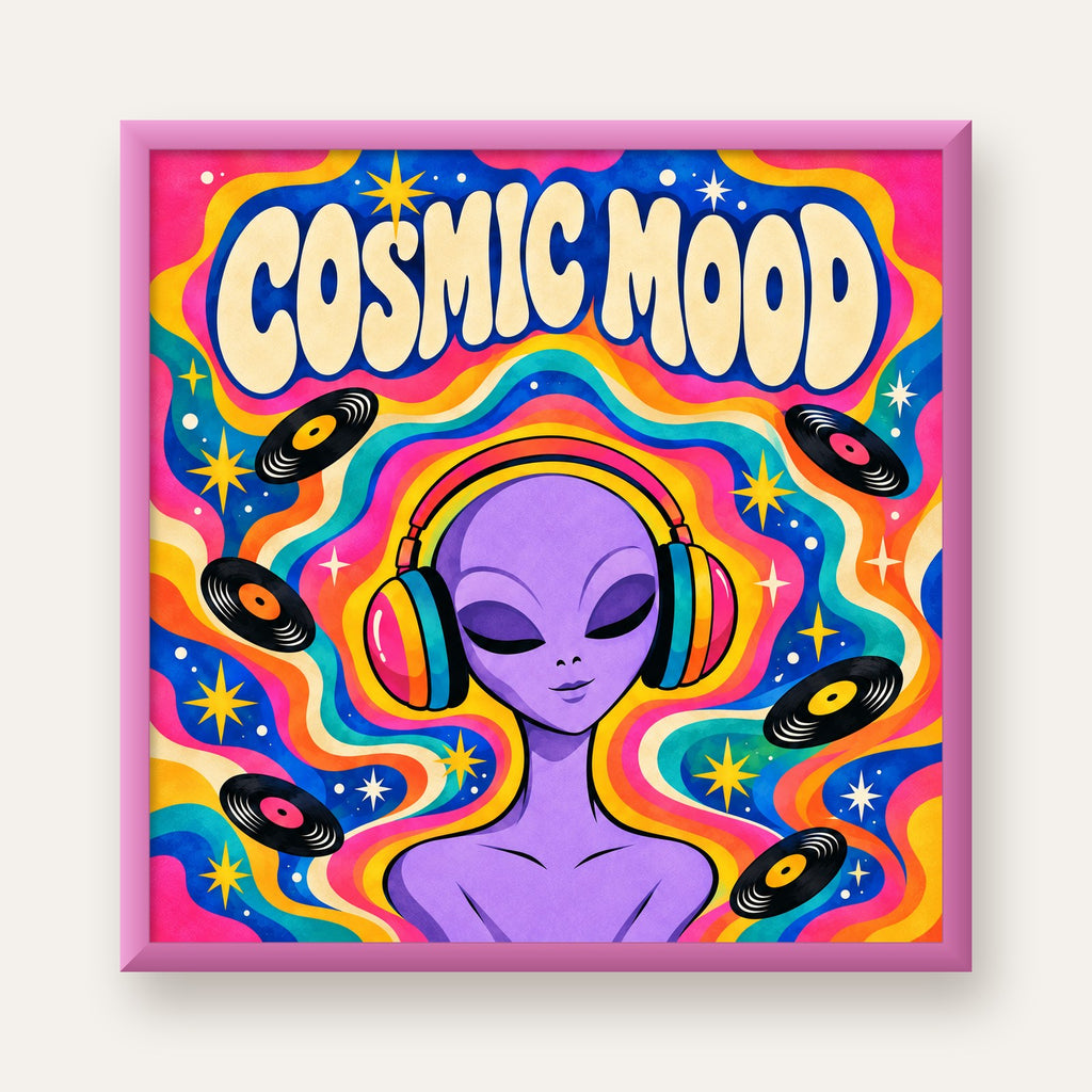 Cosmic Mood: Uzaylı ve Müzik Temalı Renkli Retro Poster — pembe çerçeveli