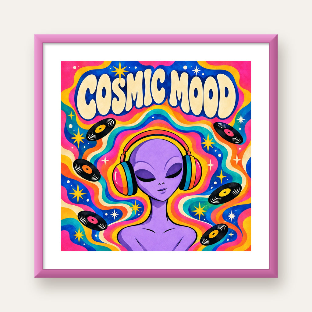 Cosmic Mood: Uzaylı ve Müzik Temalı Renkli Retro Poster — pembe çerçeveli paspartulu