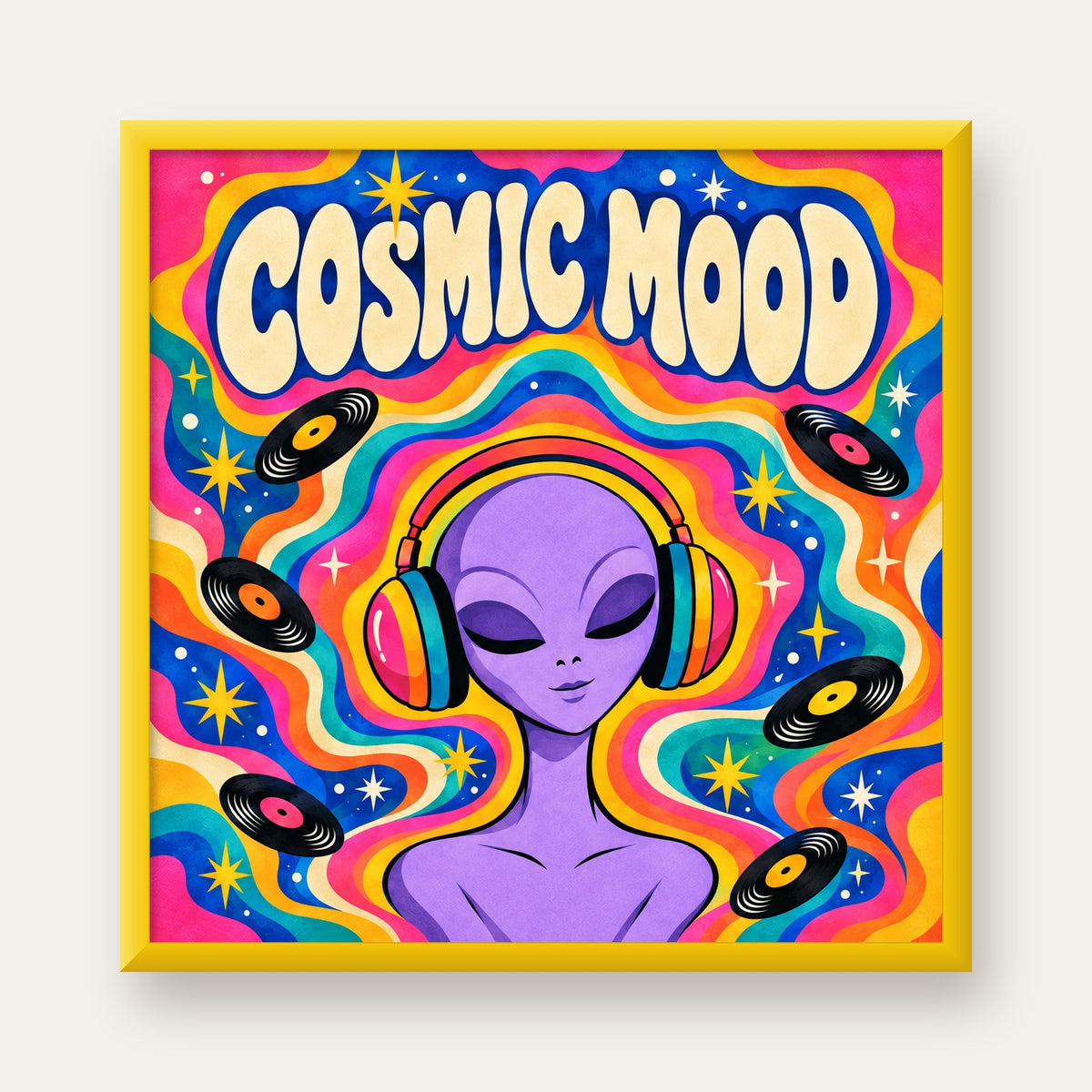 Cosmic Mood: Uzaylı ve Müzik Temalı Renkli Retro Poster — sarı çerçeveli