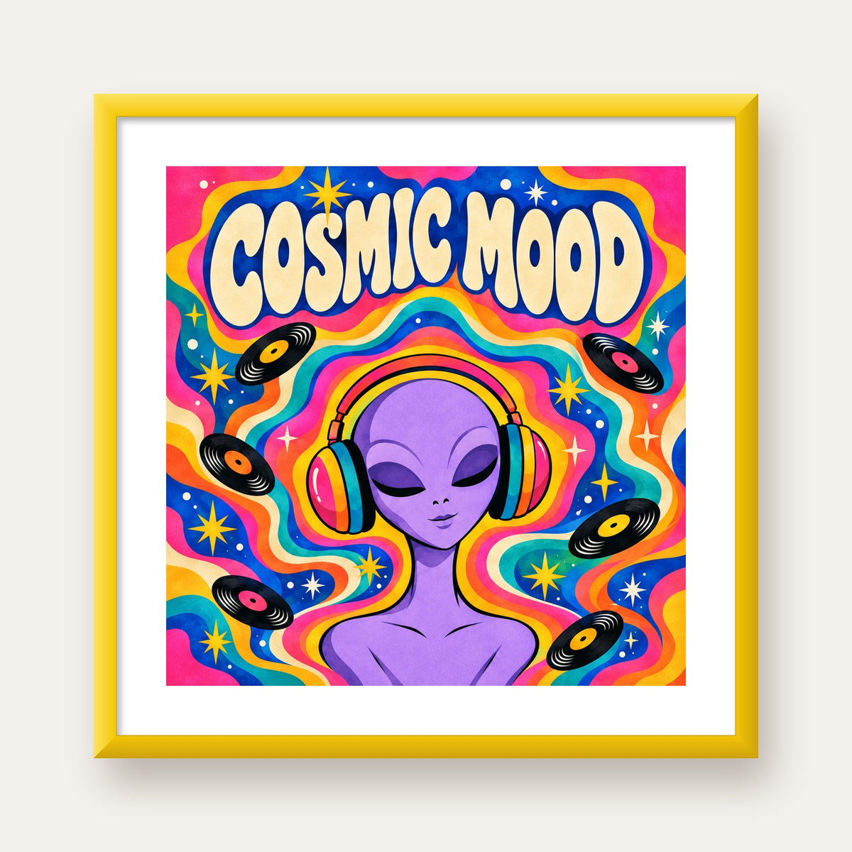 Cosmic Mood: Uzaylı ve Müzik Temalı Renkli Retro Poster — sarı çerçeveli paspartulu
