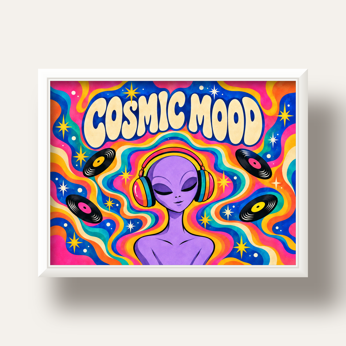Cosmic Mood: Uzaylı ve Müzik Temalı Renkli Retro Poster — beyaz derin çerçeveli