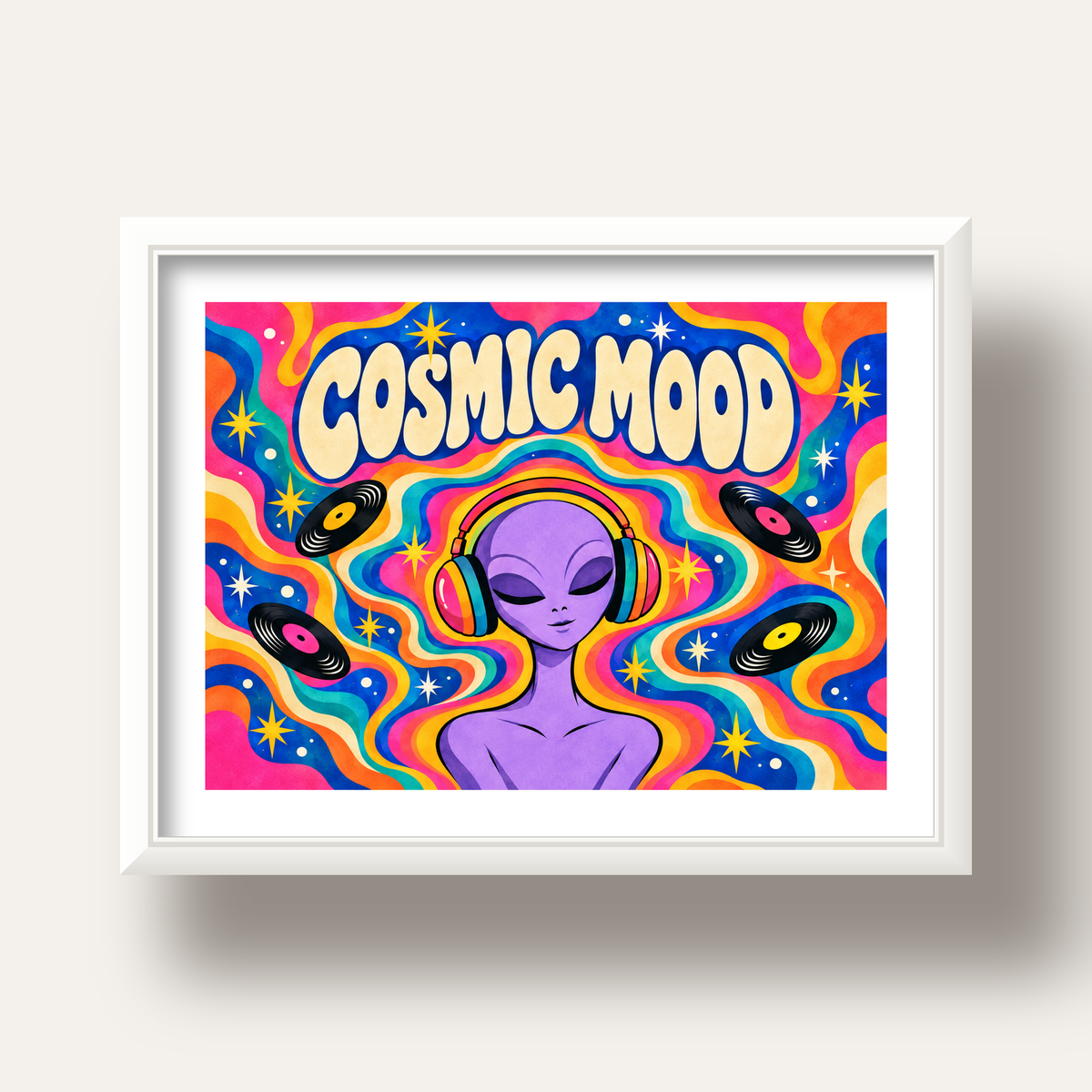 Cosmic Mood: Uzaylı ve Müzik Temalı Renkli Retro Poster — beyaz derin çerçeveli paspartulu