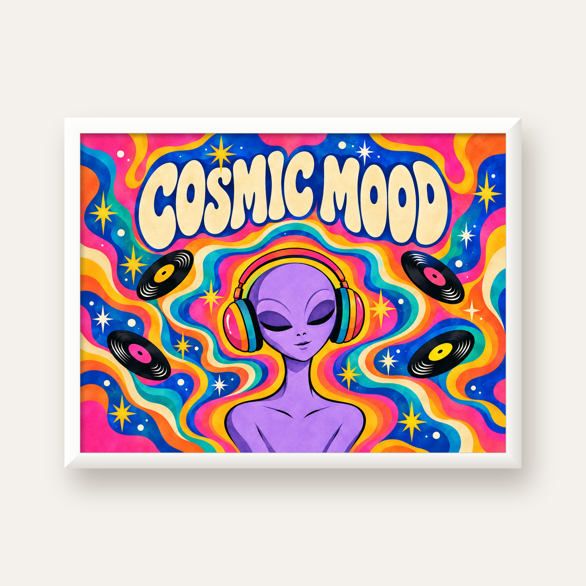 Cosmic Mood: Uzaylı ve Müzik Temalı Renkli Retro Poster — beyaz çerçeveli yatay poster