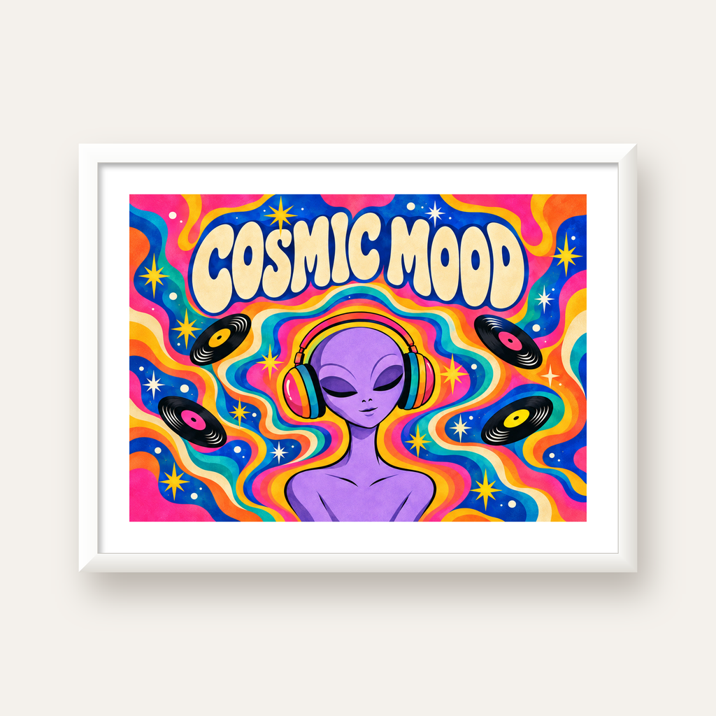 Cosmic Mood: Uzaylı ve Müzik Temalı Renkli Retro Poster — beyaz çerçeveli yatay poster