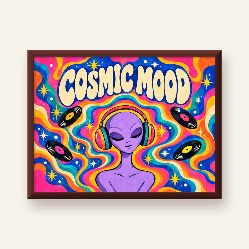 Cosmic Mood: Uzaylı ve Müzik Temalı Renkli Retro Poster — ceviz çerçeveli