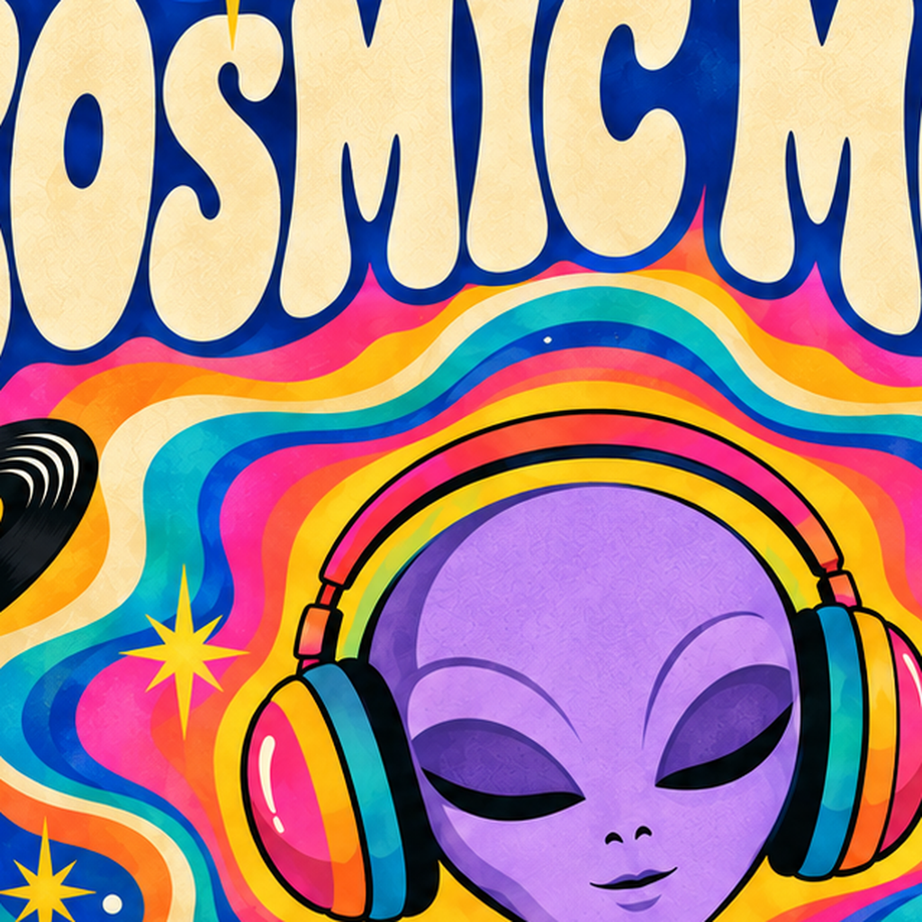Cosmic Mood: Uzaylı ve Müzik Temalı Renkli Retro Poster — baskının yakın çekimi, kâğıt dokusu ve renk detayı