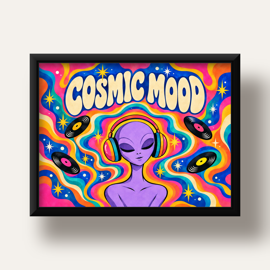 Cosmic Mood: Uzaylı ve Müzik Temalı Renkli Retro Poster — siyah derin çerçeveli