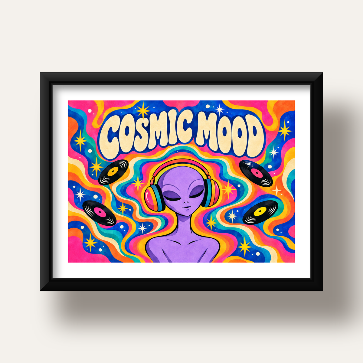 Cosmic Mood: Uzaylı ve Müzik Temalı Renkli Retro Poster — siyah derin çerçeveli paspartulu