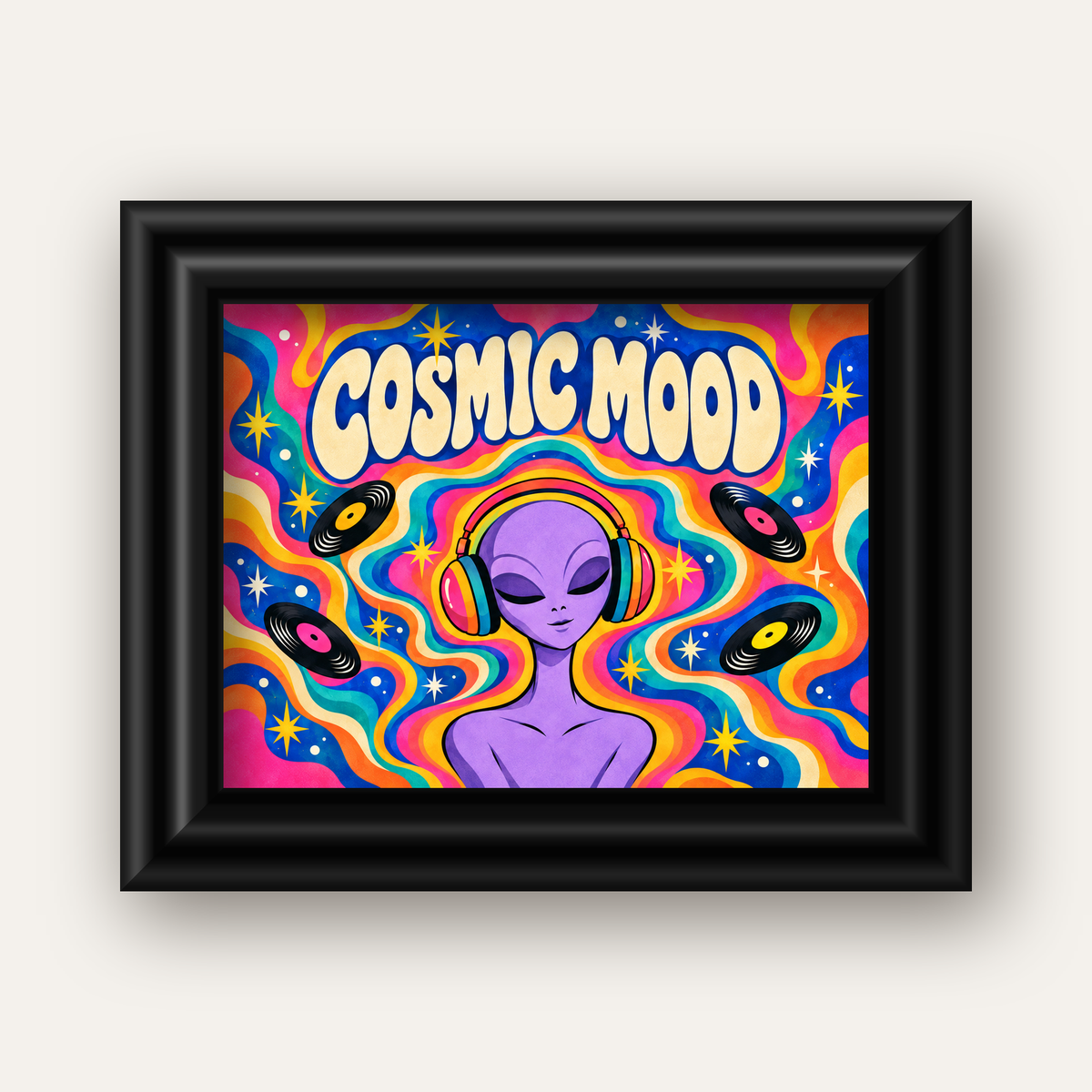 Cosmic Mood: Uzaylı ve Müzik Temalı Renkli Retro Poster — siyah galeri çerçeveli