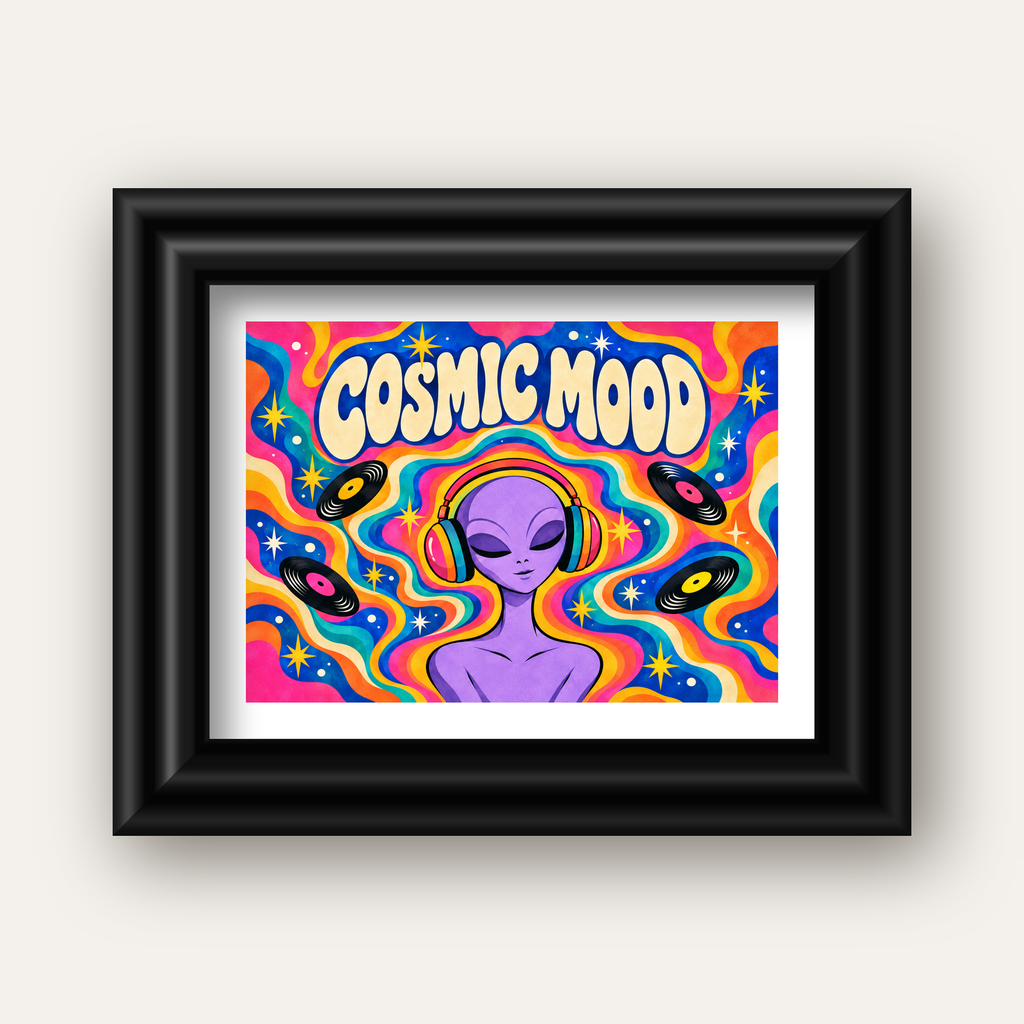 Cosmic Mood: Uzaylı ve Müzik Temalı Renkli Retro Poster — siyah galeri çerçeveli paspartulu