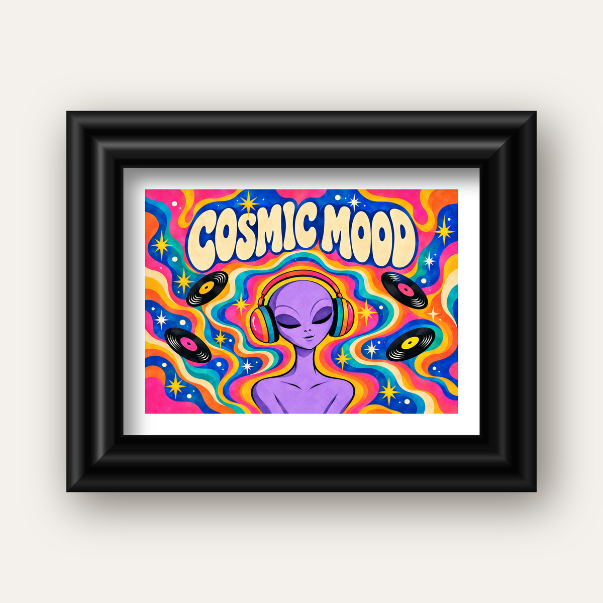 Cosmic Mood: Uzaylı ve Müzik Temalı Renkli Retro Poster — siyah galeri çerçeveli paspartulu