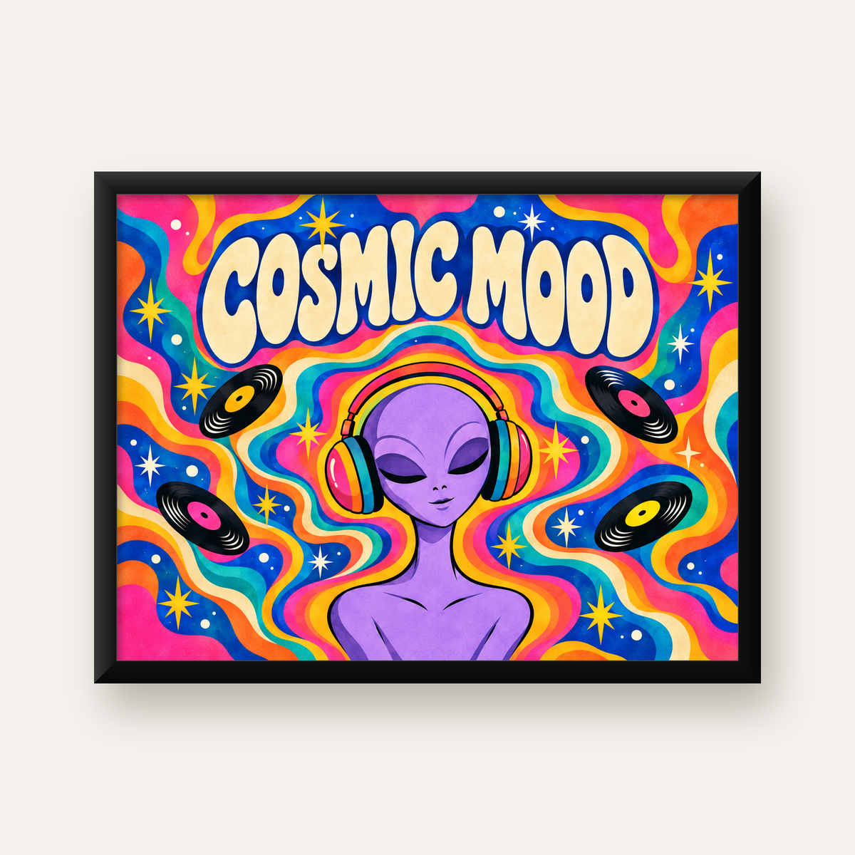 Cosmic Mood: Uzaylı ve Müzik Temalı Renkli Retro Poster — Yatay baskı, düz siyah çerçeveli duvar posteri