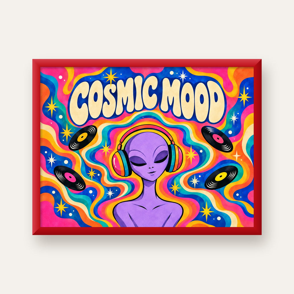 Cosmic Mood: Uzaylı ve Müzik Temalı Renkli Retro Poster — kırmızı çerçeveli