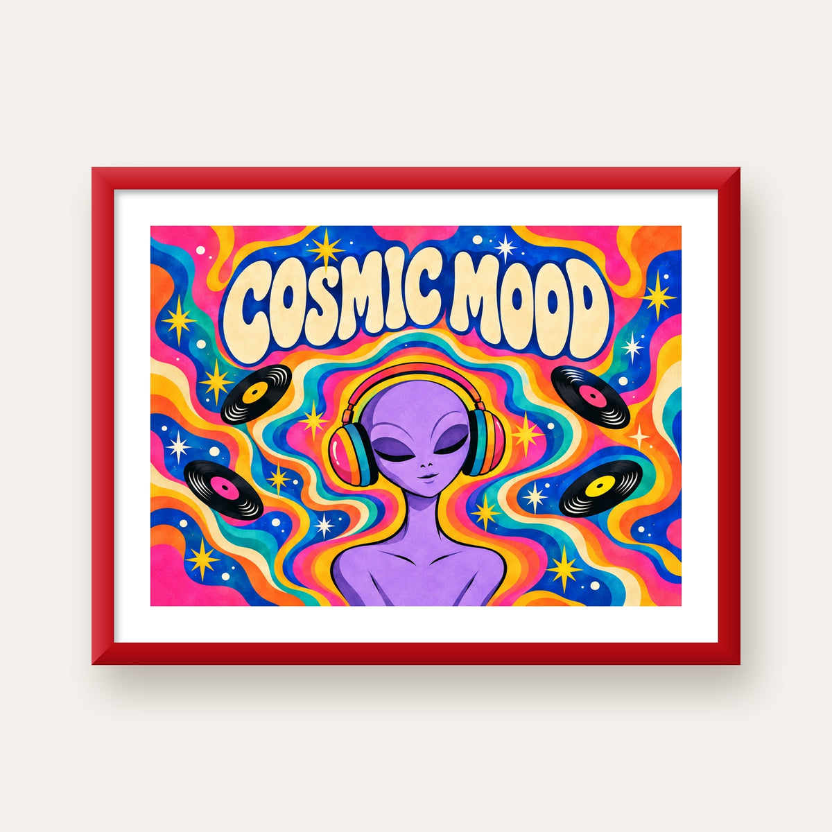 Cosmic Mood: Uzaylı ve Müzik Temalı Renkli Retro Poster — kırmızı çerçeveli paspartulu