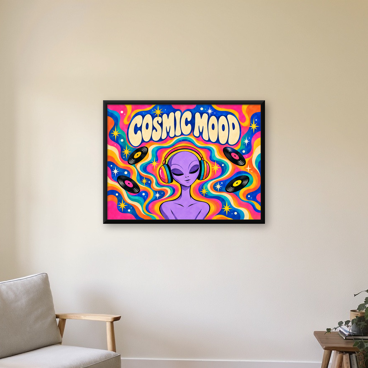 Cosmic Mood: Uzaylı ve Müzik Temalı Renkli Retro Poster — Yatay baskı, çerçeveli hâliyle bir ev duvarında
