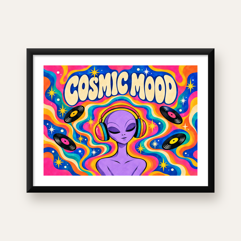 Cosmic Mood: Uzaylı ve Müzik Temalı Renkli Retro Poster — Yatay baskı, beyaz paspartulu