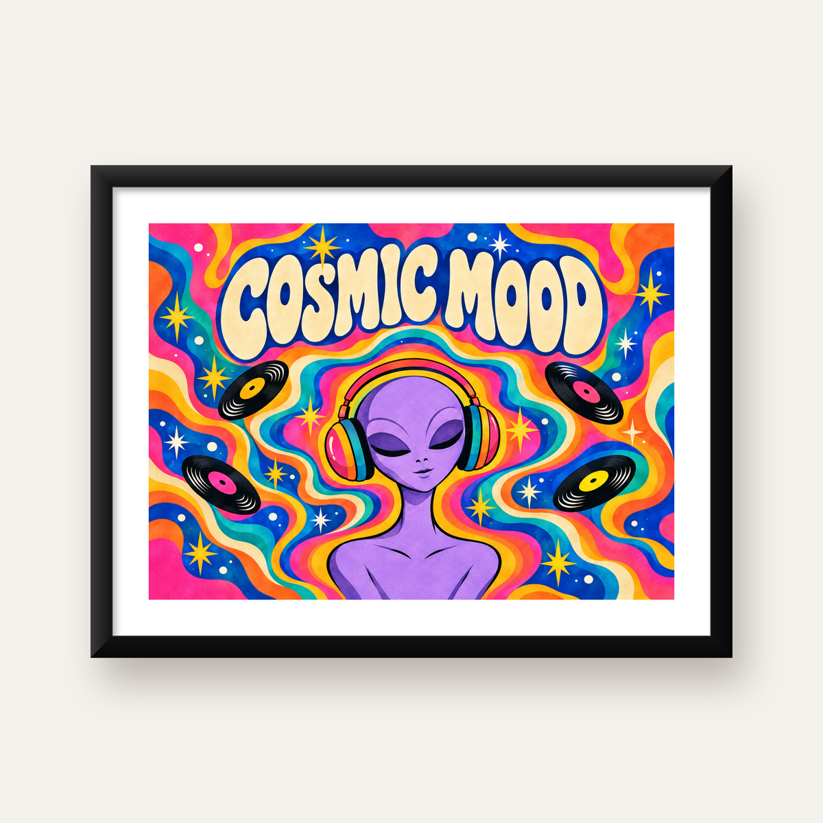 Cosmic Mood: Uzaylı ve Müzik Temalı Renkli Retro Poster — Yatay baskı, beyaz paspartulu