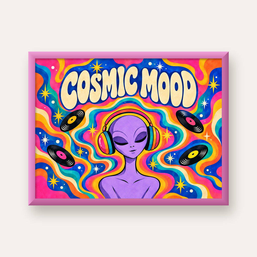 Cosmic Mood: Uzaylı ve Müzik Temalı Renkli Retro Poster — pembe çerçeveli