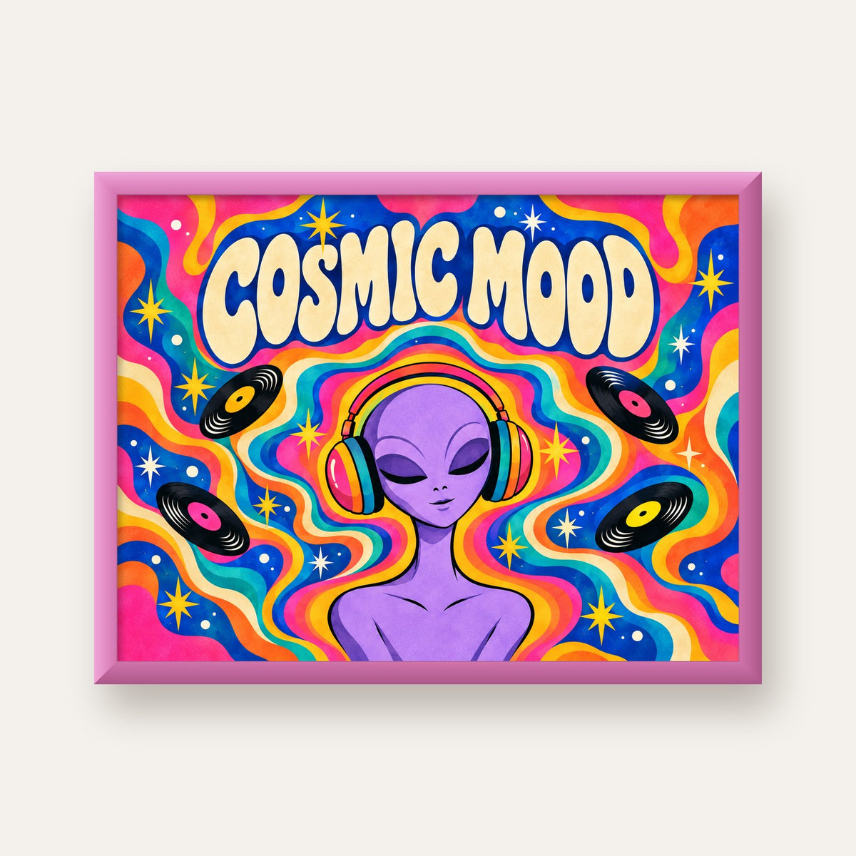 Cosmic Mood: Uzaylı ve Müzik Temalı Renkli Retro Poster — pembe çerçeveli