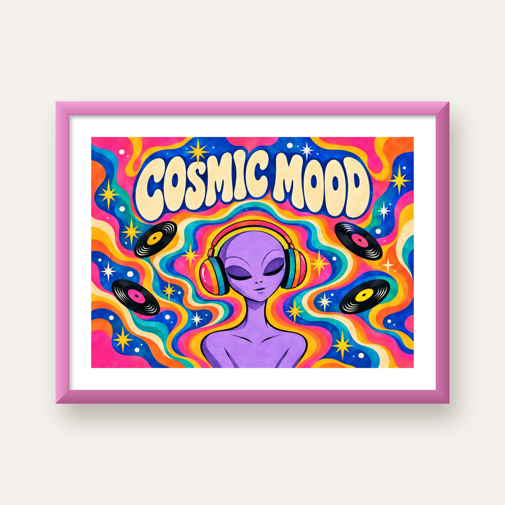 Cosmic Mood: Uzaylı ve Müzik Temalı Renkli Retro Poster — pembe çerçeveli paspartulu