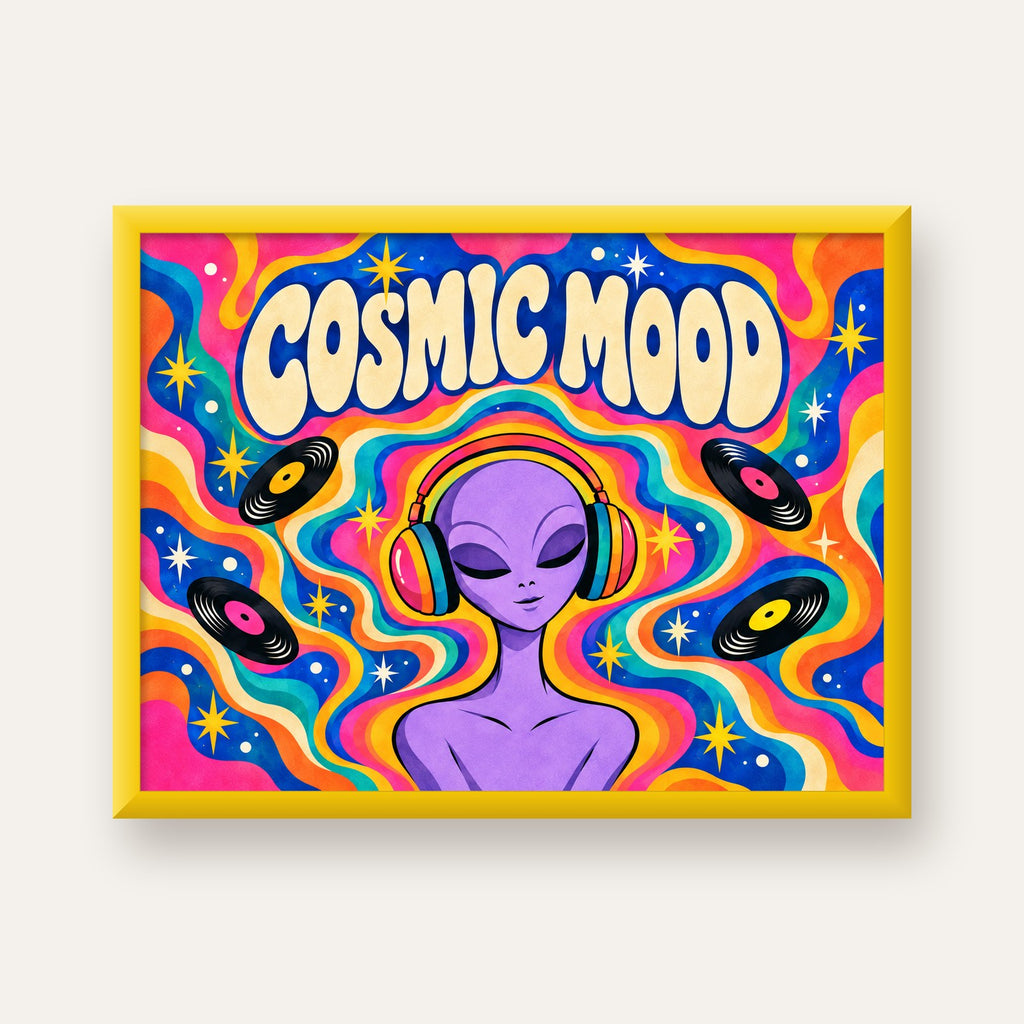 Cosmic Mood: Uzaylı ve Müzik Temalı Renkli Retro Poster — sarı çerçeveli