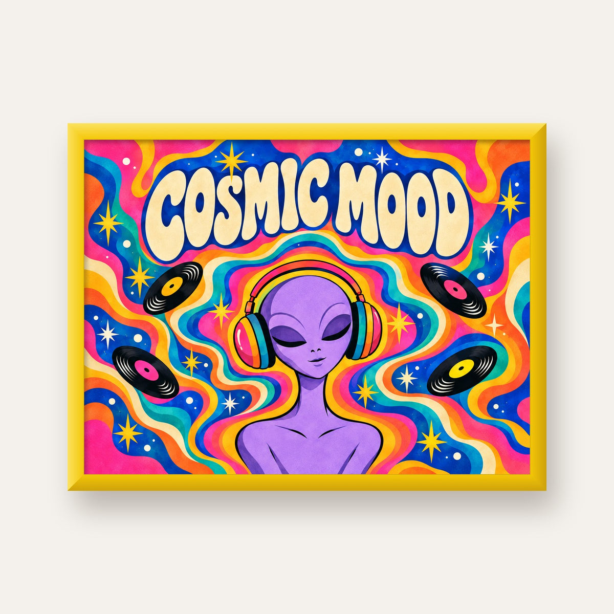 Cosmic Mood: Uzaylı ve Müzik Temalı Renkli Retro Poster — sarı çerçeveli