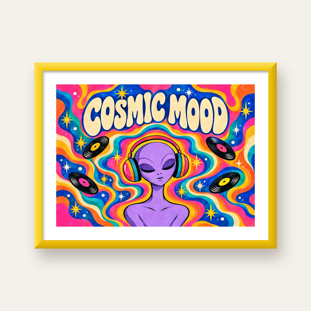 Cosmic Mood: Uzaylı ve Müzik Temalı Renkli Retro Poster — sarı çerçeveli paspartulu