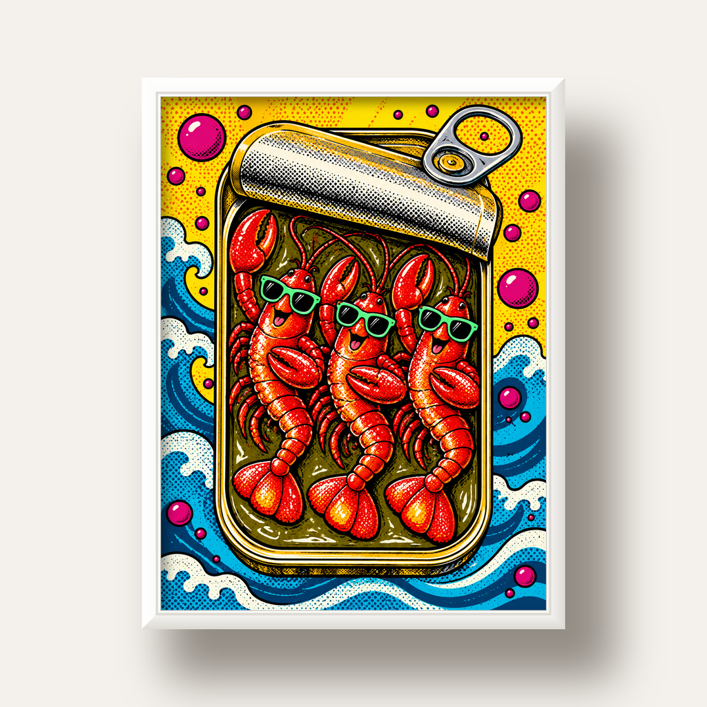 Renkli Pop Art Istakoz Konserve Poster – Eğlenceli Duvar Dekoru — beyaz derin çerçeveli