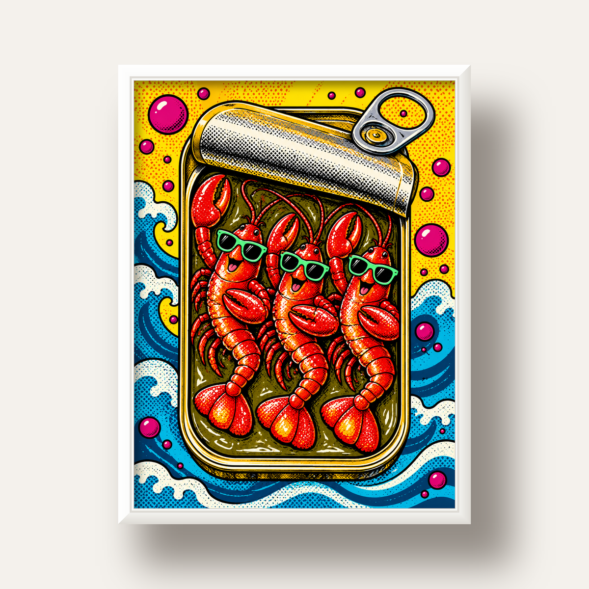 Renkli Pop Art Istakoz Konserve Poster – Eğlenceli Duvar Dekoru — beyaz derin çerçeveli