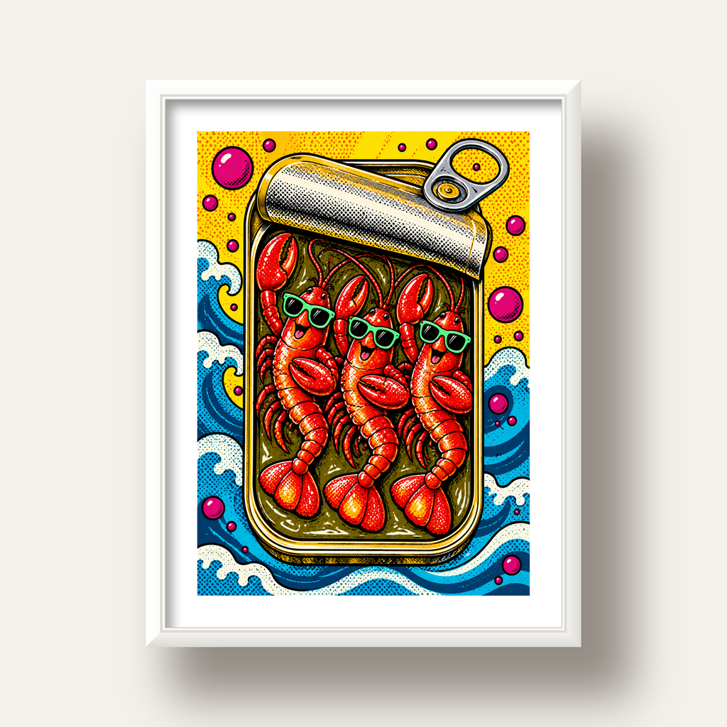 Renkli Pop Art Istakoz Konserve Poster – Eğlenceli Duvar Dekoru — beyaz derin çerçeveli paspartulu