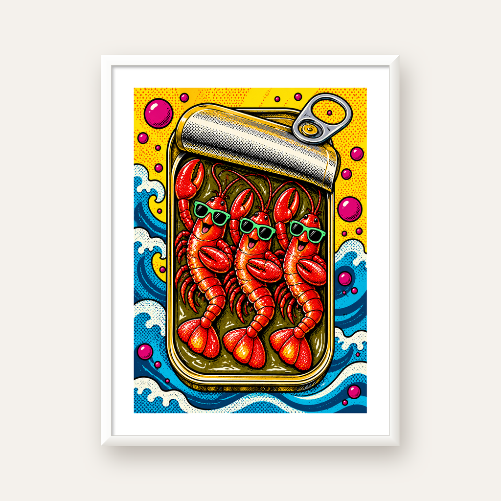 Renkli Pop Art Istakoz Konserve Poster – Eğlenceli Duvar Dekoru — beyaz çerçeveli dikey poster