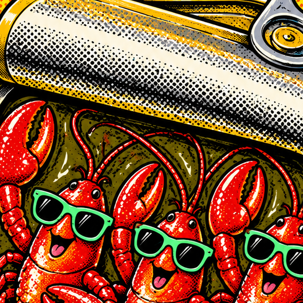 Renkli Pop Art Istakoz Konserve Poster – Eğlenceli Duvar Dekoru — baskının yakın çekimi, kâğıt dokusu ve renk detayı