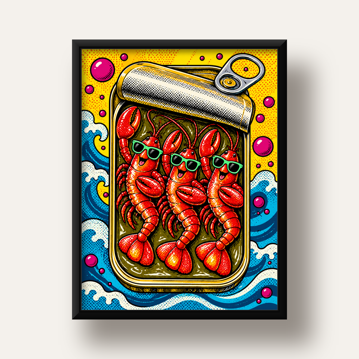 Renkli Pop Art Istakoz Konserve Poster – Eğlenceli Duvar Dekoru — siyah derin çerçeveli
