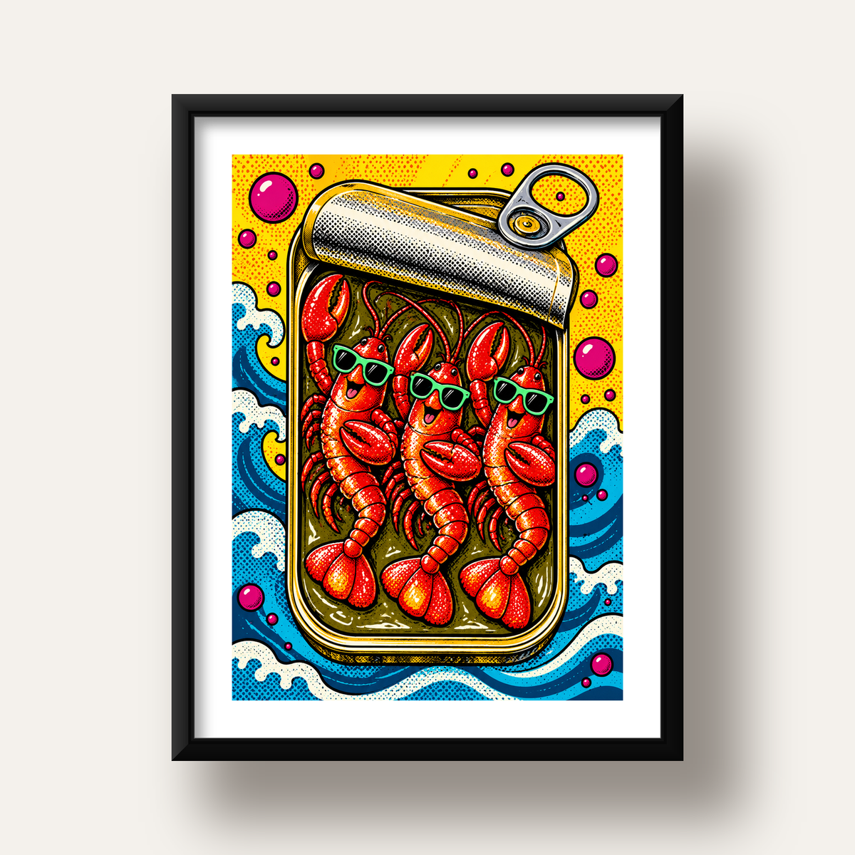 Renkli Pop Art Istakoz Konserve Poster – Eğlenceli Duvar Dekoru — siyah derin çerçeveli paspartulu