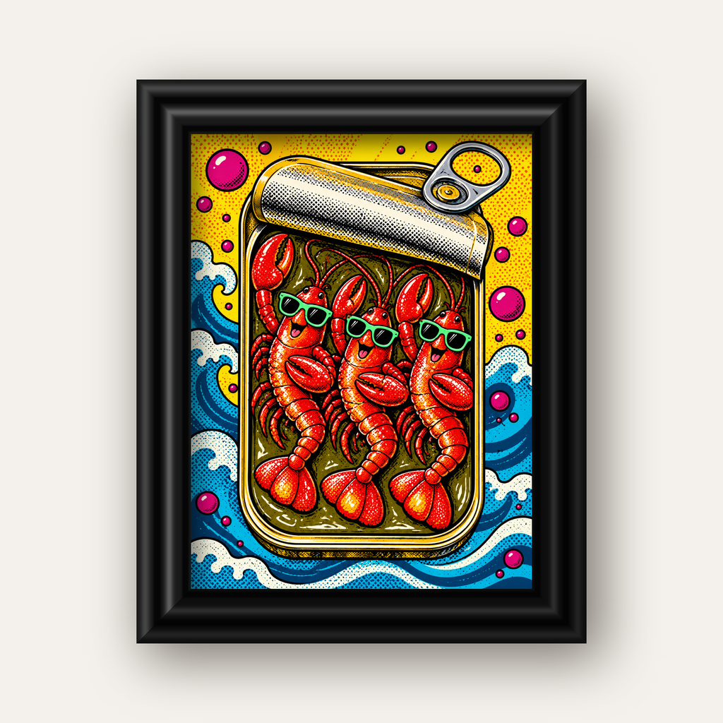 Renkli Pop Art Istakoz Konserve Poster – Eğlenceli Duvar Dekoru — siyah galeri çerçeveli