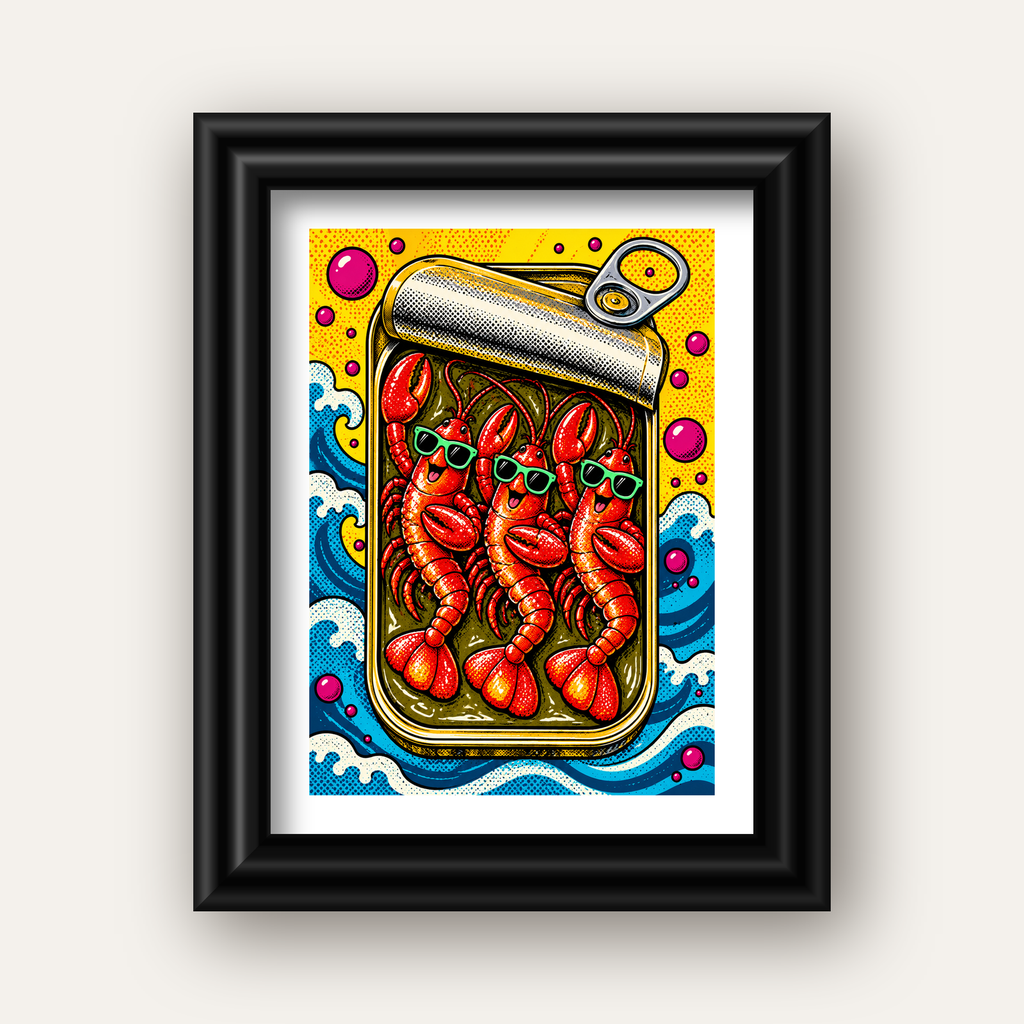 Renkli Pop Art Istakoz Konserve Poster – Eğlenceli Duvar Dekoru — siyah galeri çerçeveli paspartulu