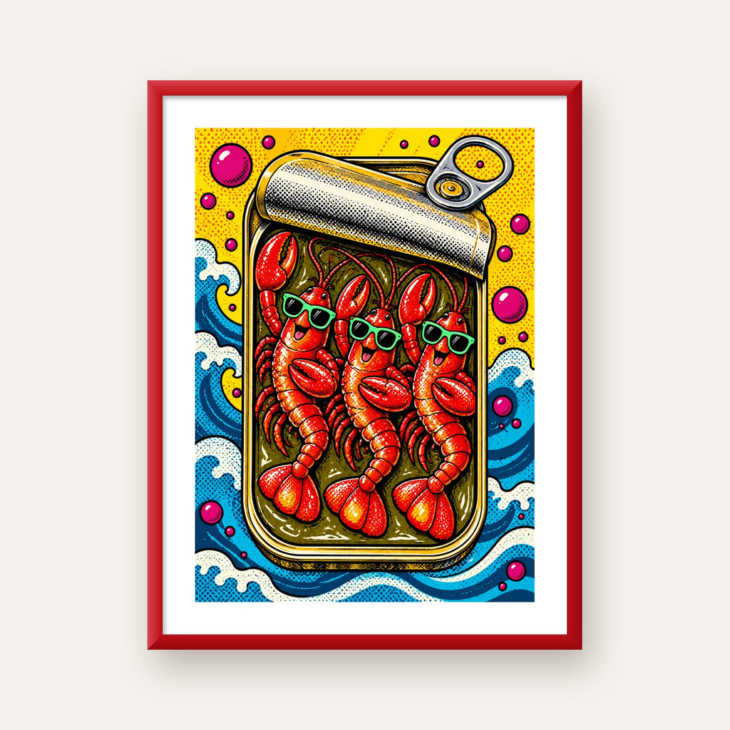 Renkli Pop Art Istakoz Konserve Poster – Eğlenceli Duvar Dekoru — kırmızı çerçeveli paspartulu